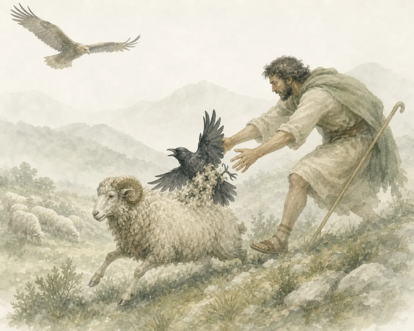 Illustration for Aesop’s fable “The Eagle, the Jackdaw and the Shepherd”