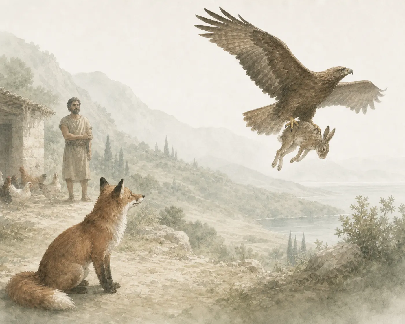 Illustration for Aesop’s fable “The Eagle with Clipped Wings and the Fox”