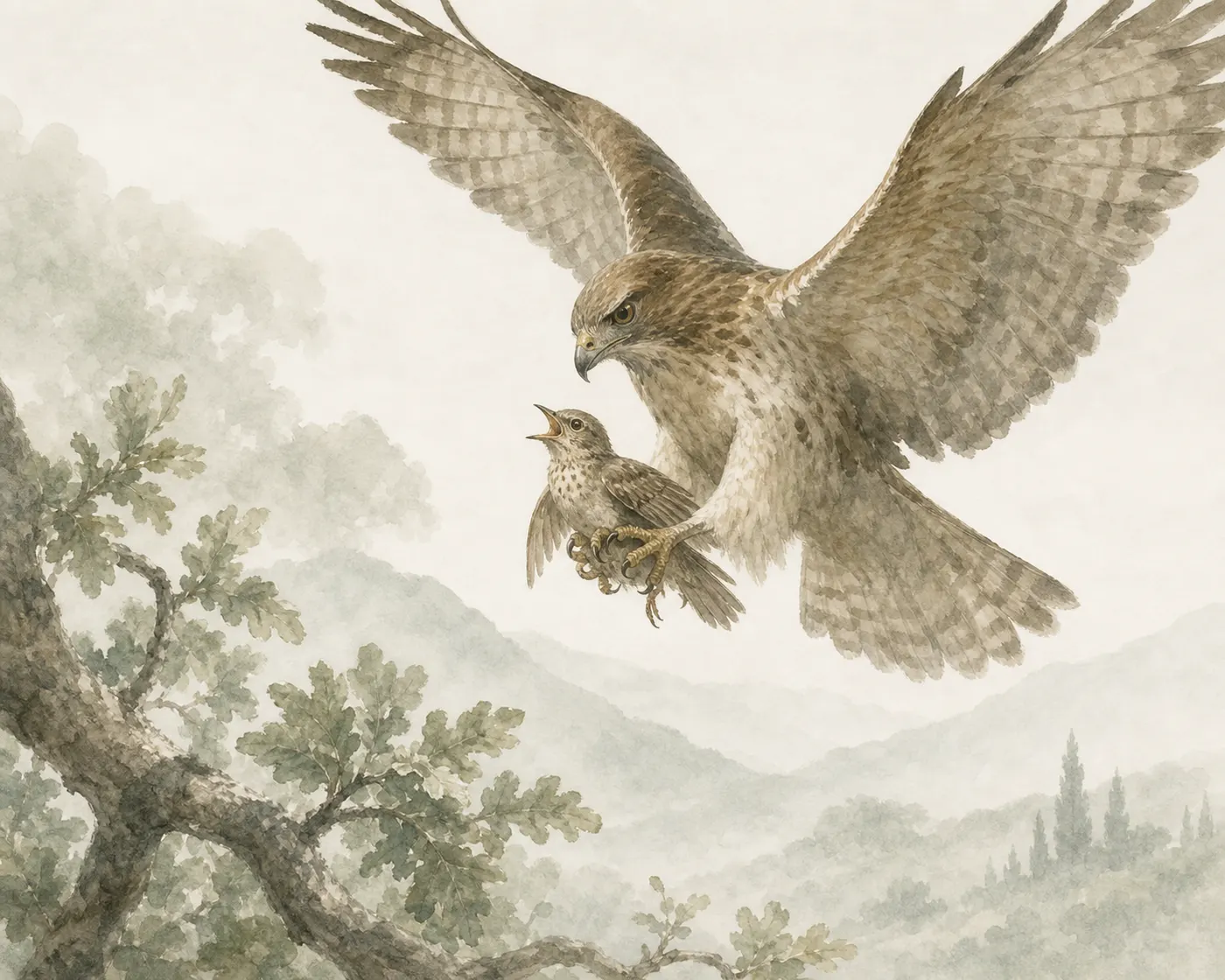 Illustration for Aesop’s fable “The Nightingale and the Hawk”