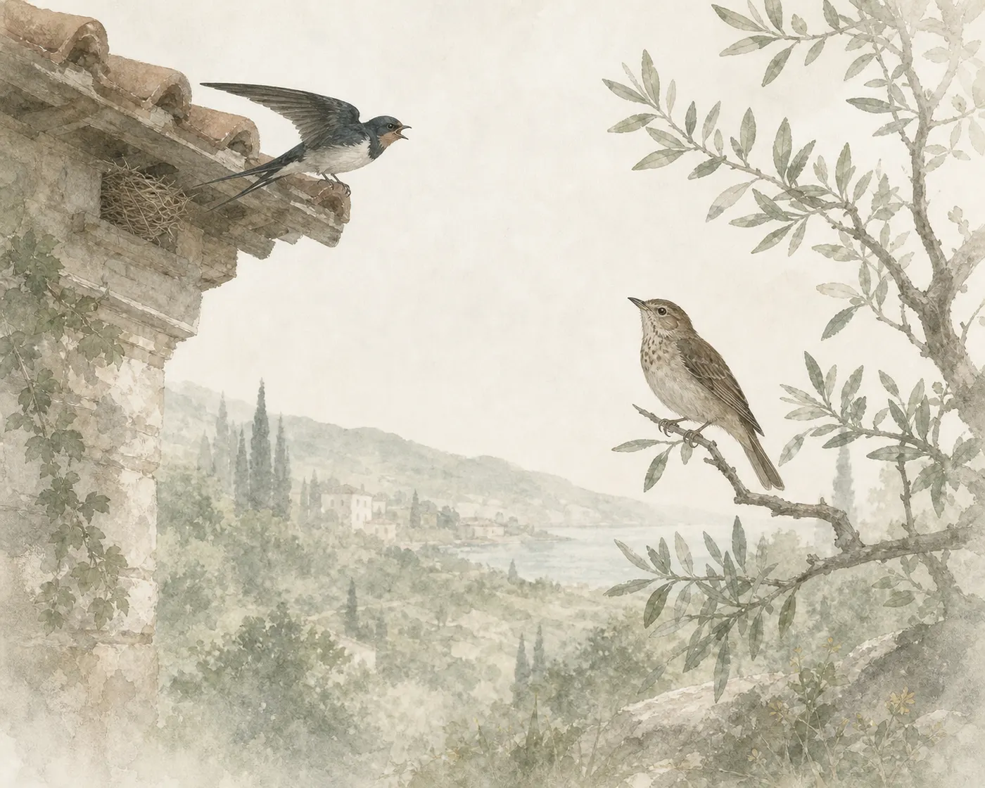 Illustration for Aesop’s fable “The Nightingale and the Swallow”