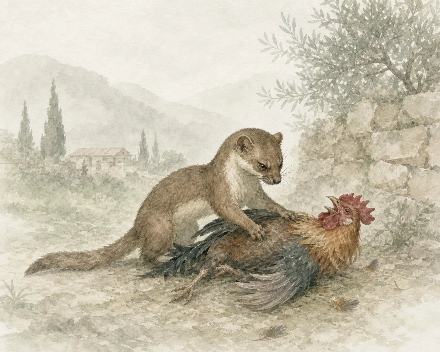 Illustration for Aesop’s fable “The Weasel and the Cock”