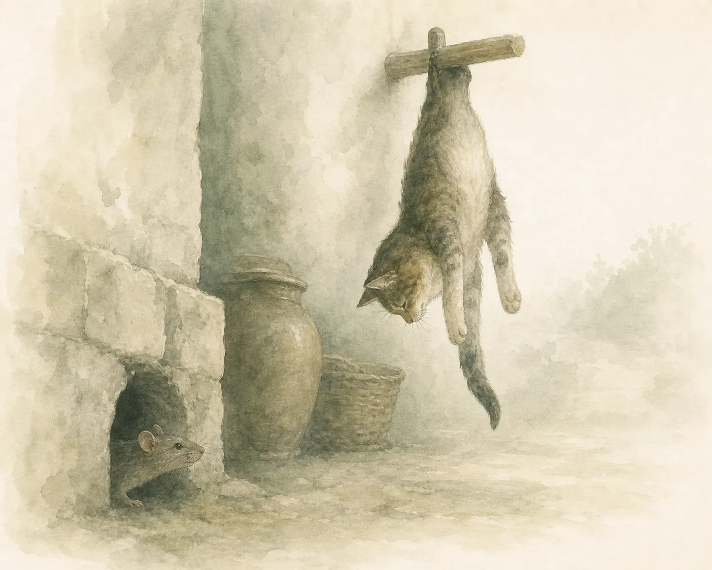 Illustration for Aesop’s fable “The Cat and the Rats”