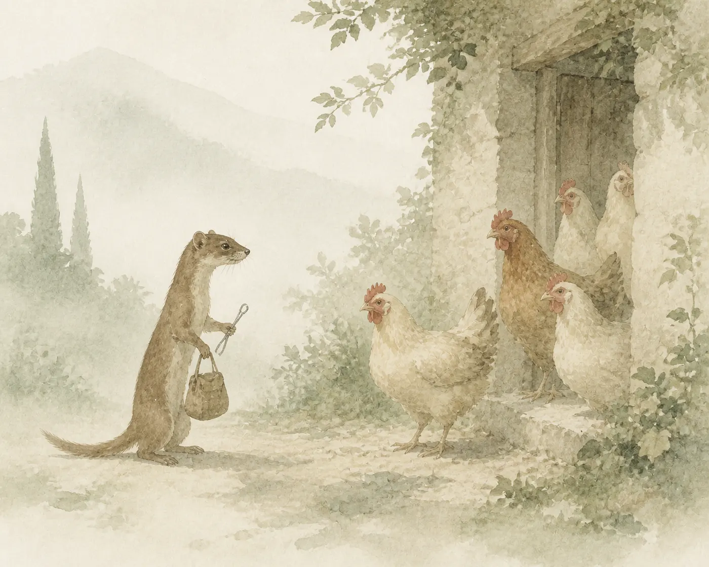 Illustration for Aesop’s fable “The Weasel and the Hens”