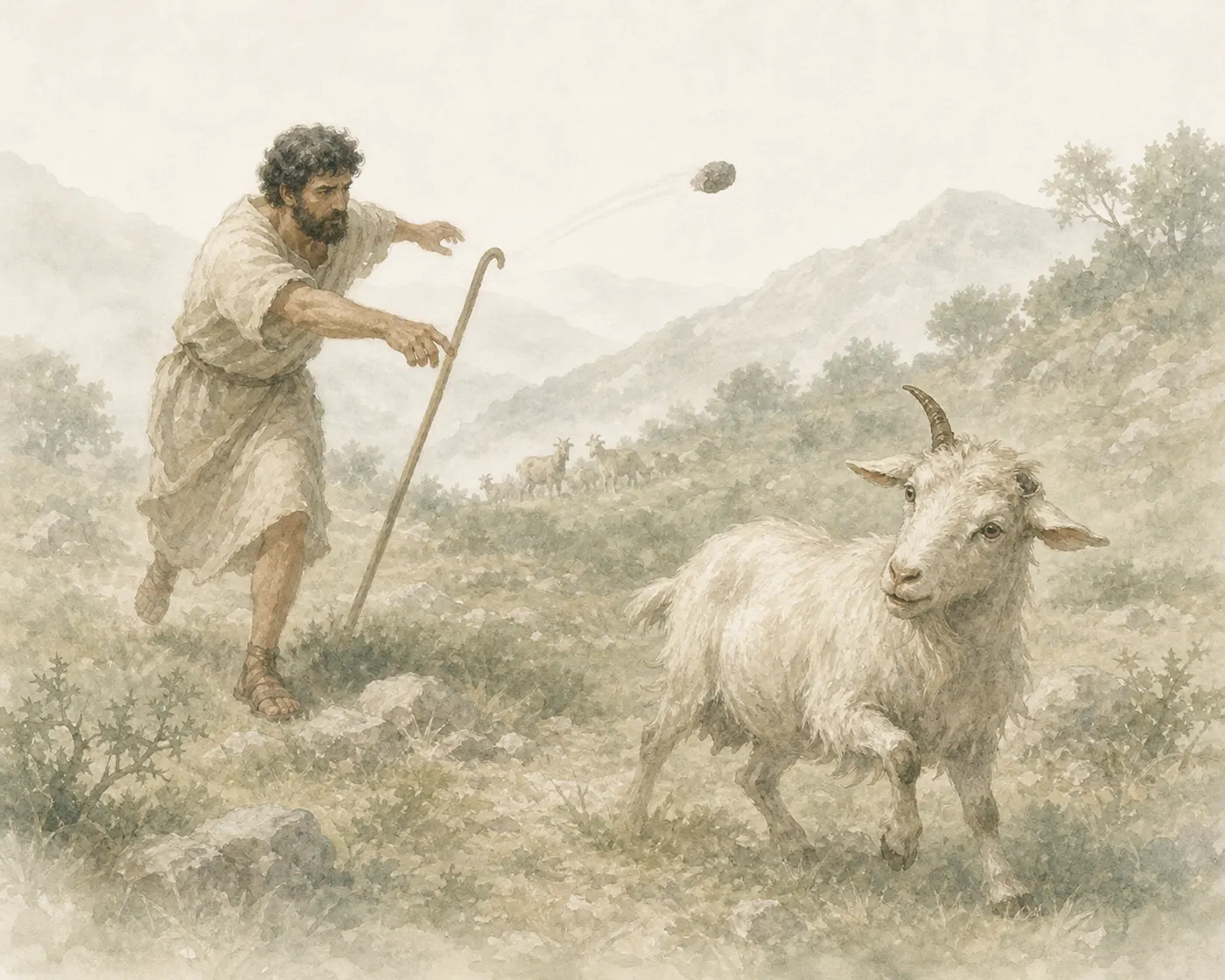 Illustration for Aesop’s fable “The Goat and the Goatherd”