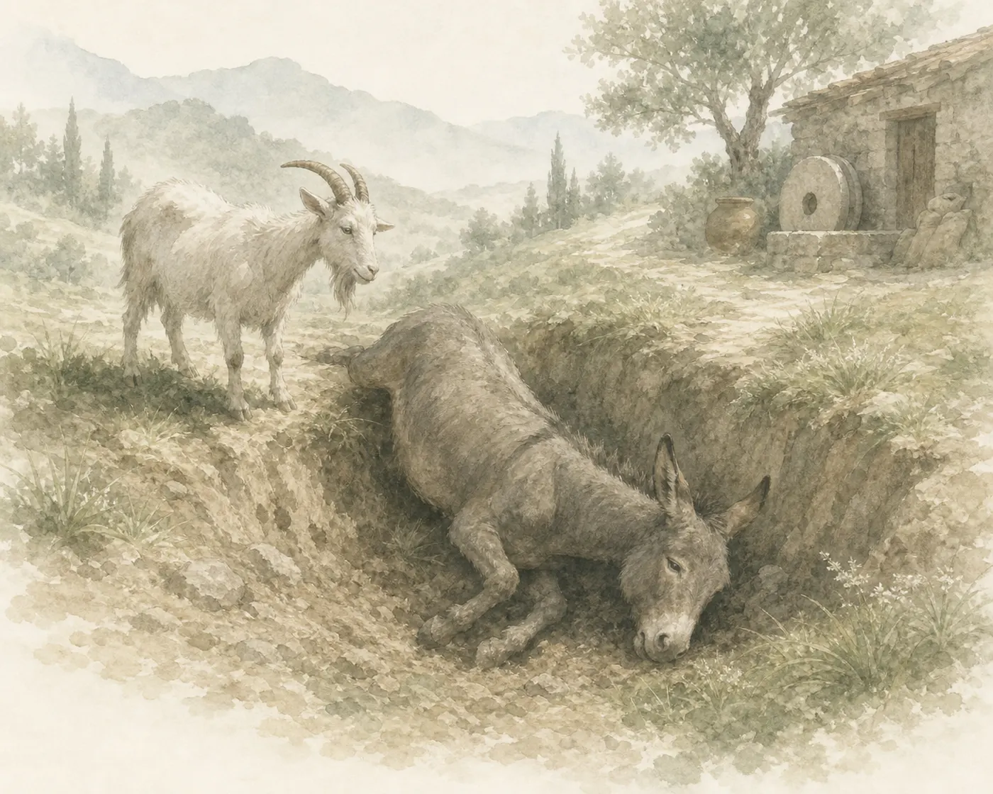 Illustration for Aesop’s fable “The Goat and the Ass”