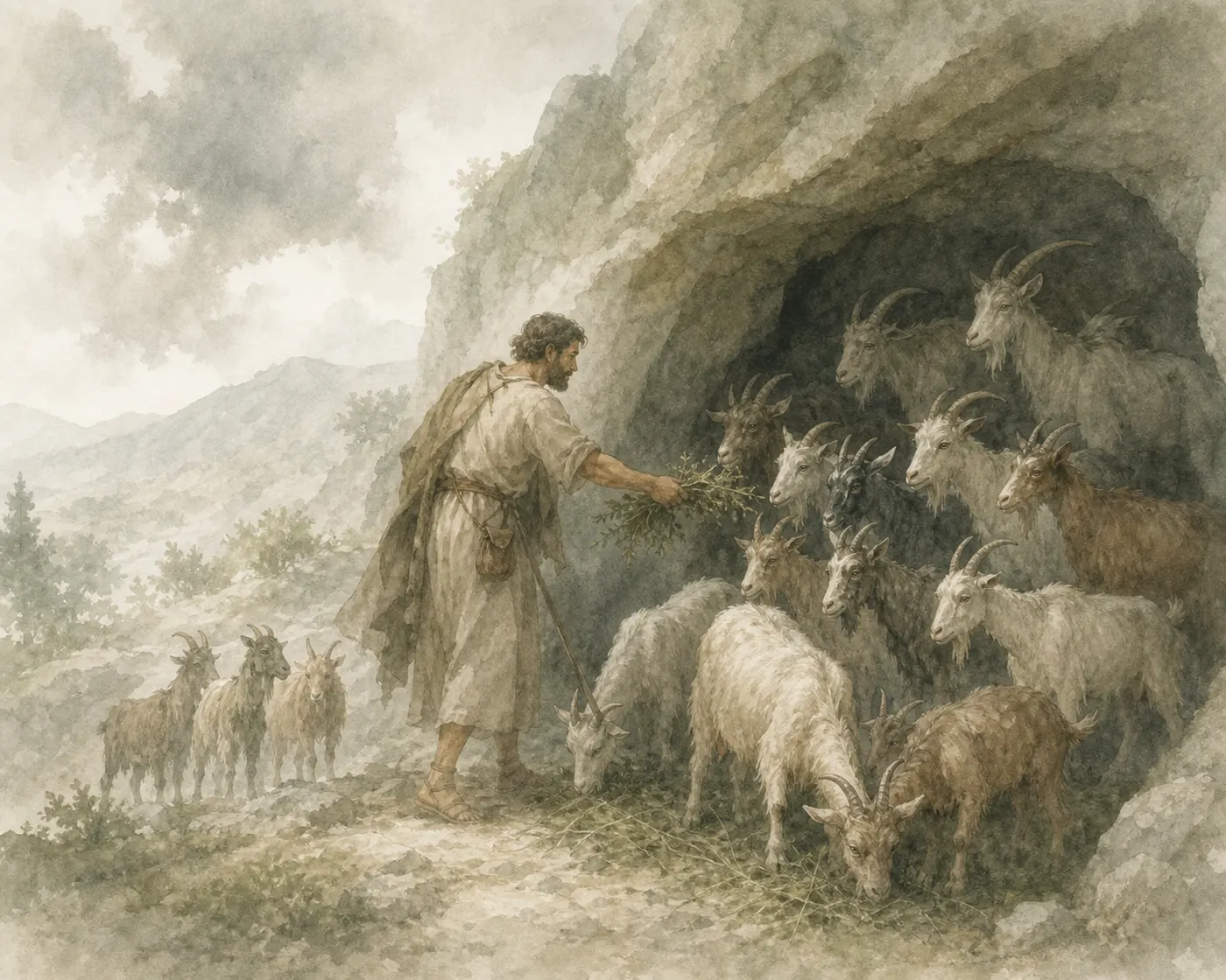 Illustration for Aesop’s fable “The Goatherd and the Wild Goats”