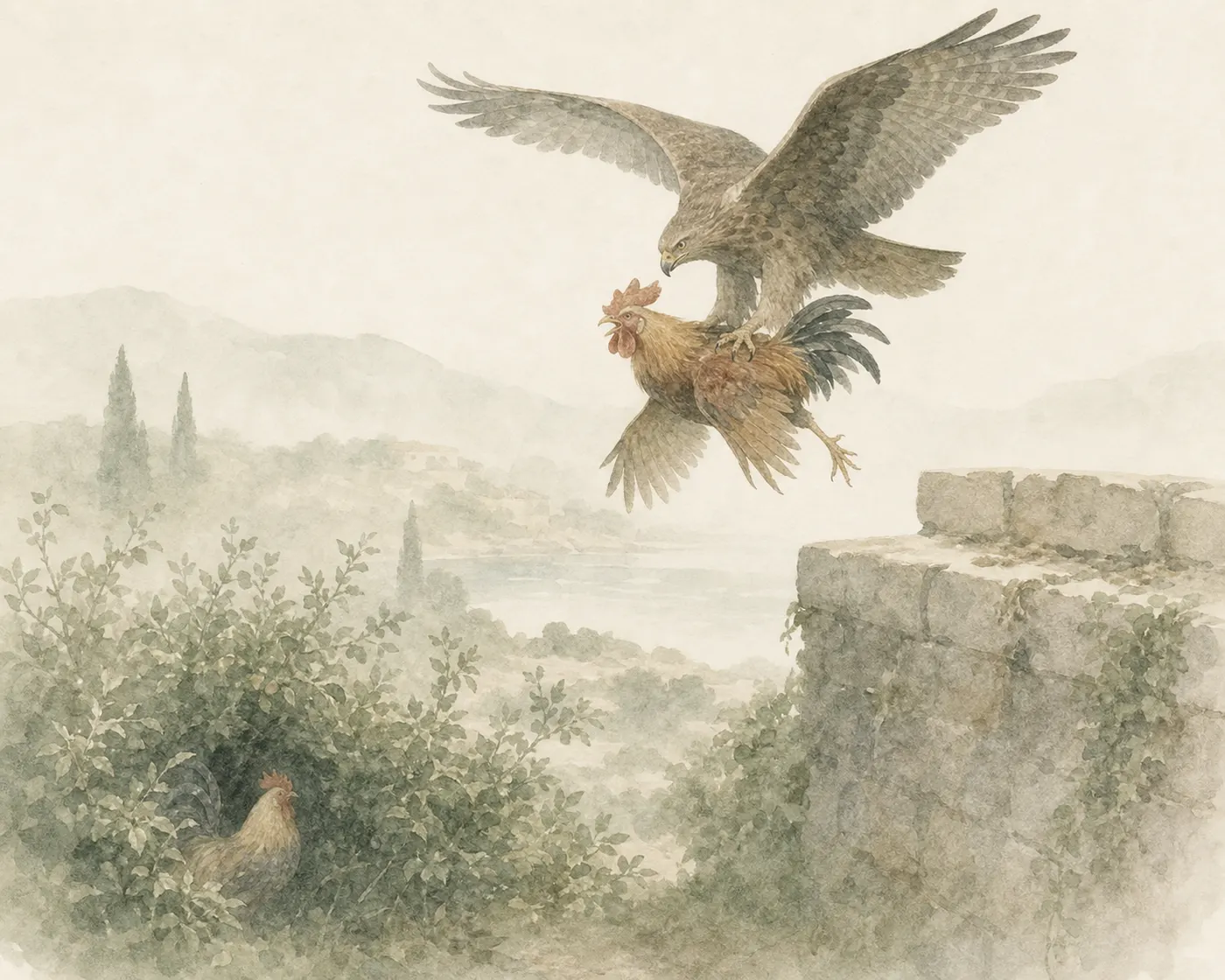 Illustration for Aesop’s fable “The Two Cocks and the Eagle”