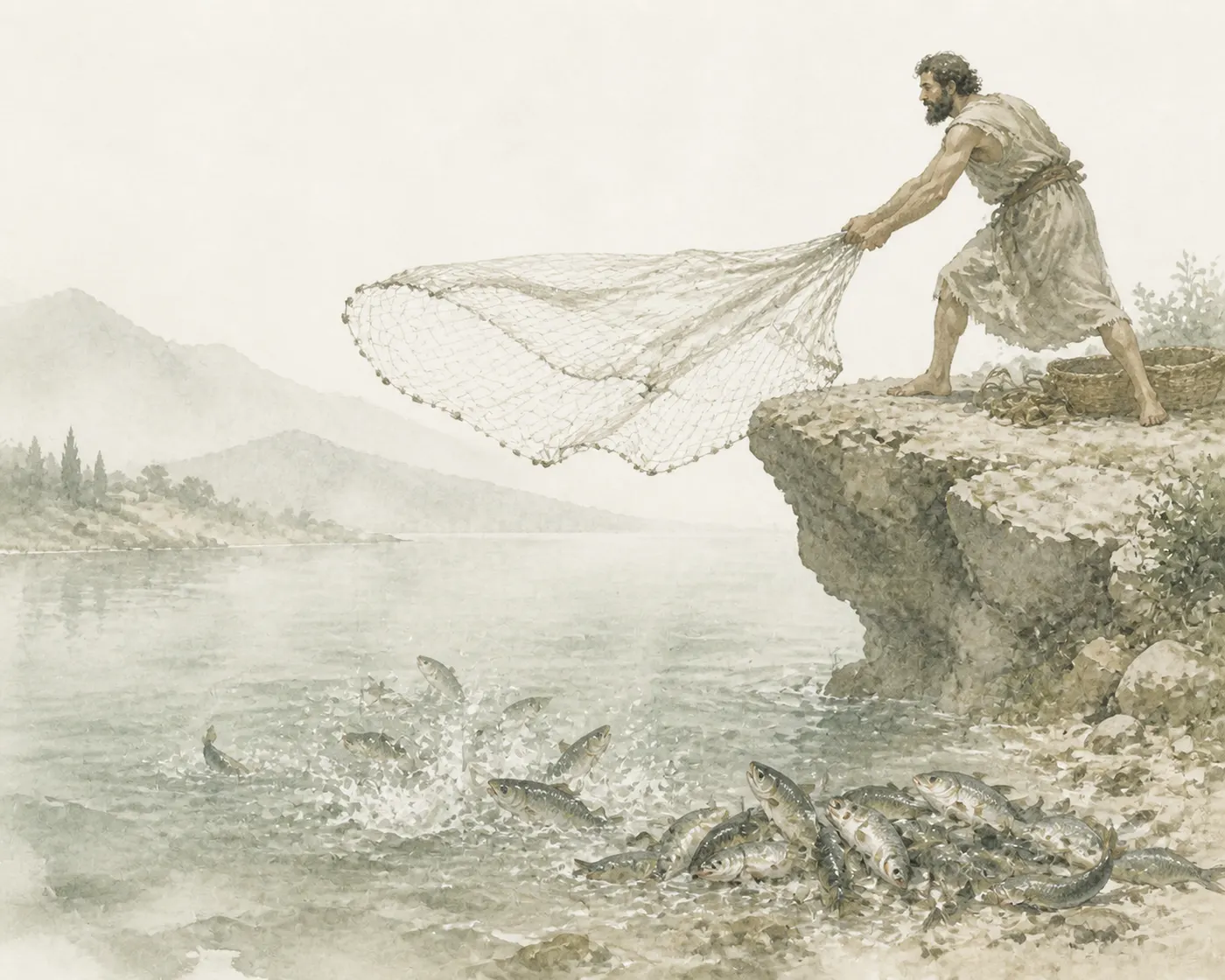 Illustration for Aesop’s fable “The Fisherman and His Flute”