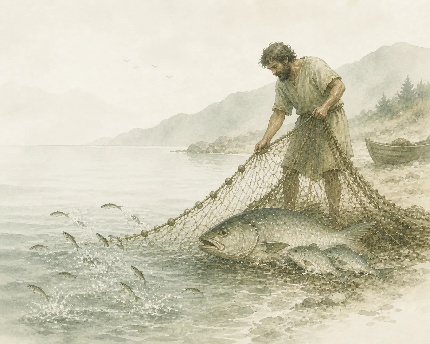 Illustration for Aesop’s fable “The Big Fish and the Small”