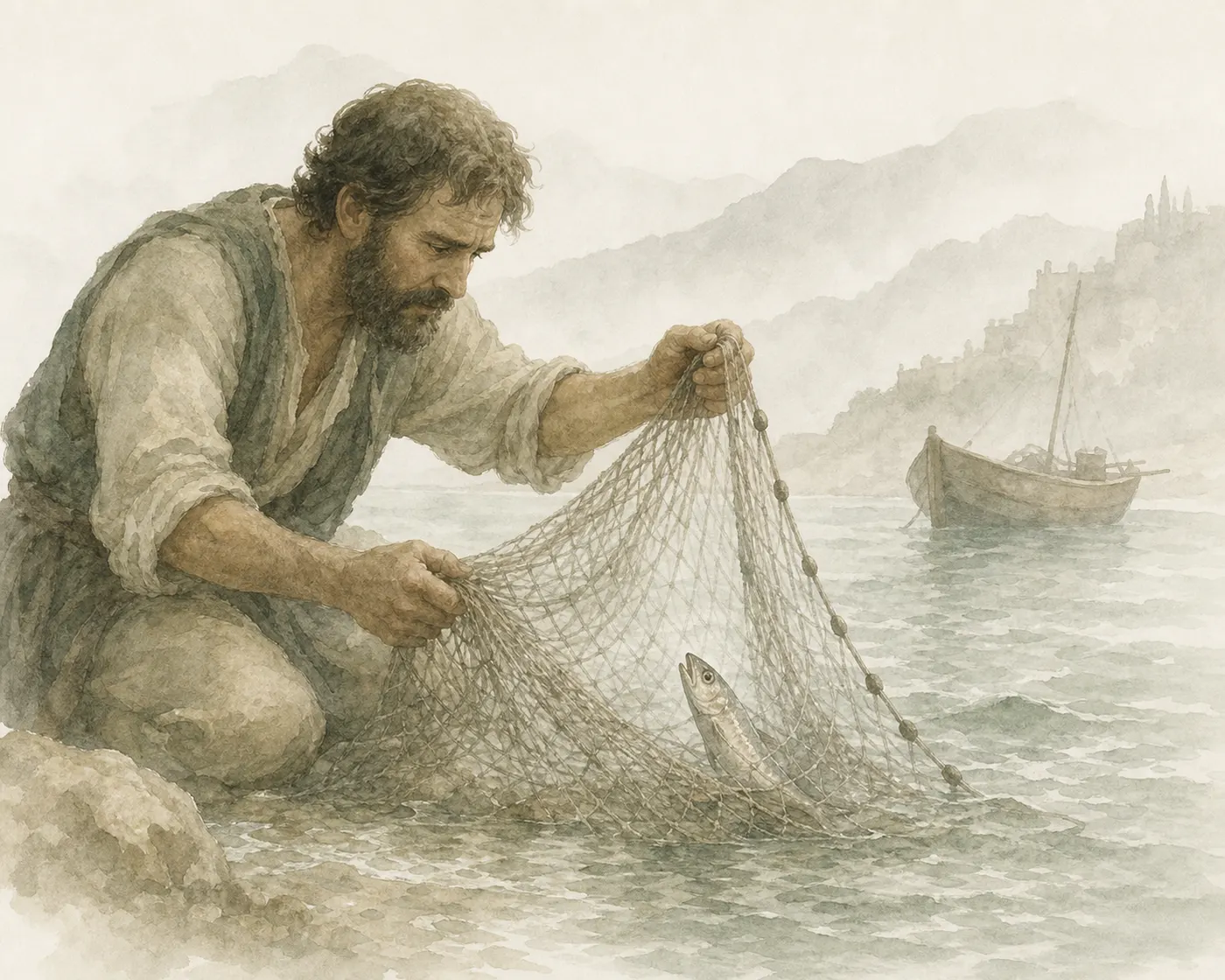Illustration for Aesop’s fable “The Fisherman and the Sprat”