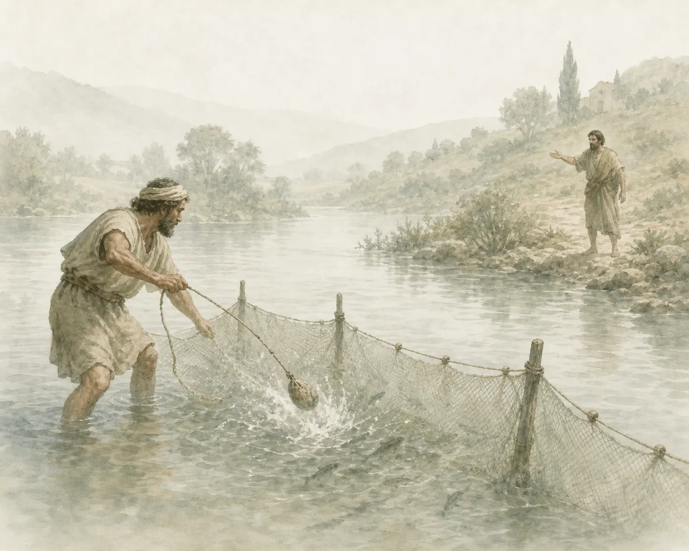 Illustration for Aesop’s fable “The Fisherman who Stirred the Water”