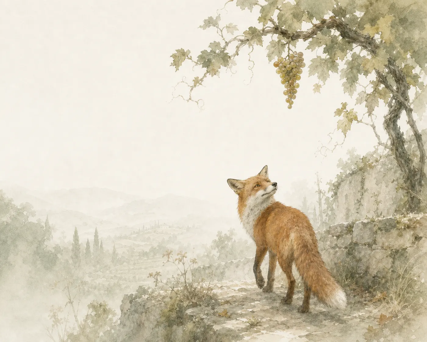 A red fox on a rocky ledge lifts its muzzle towards a bunch of grapes hanging from a vine