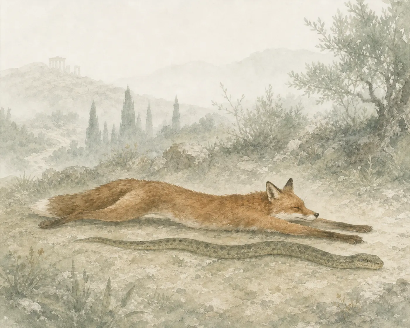 Illustration for Aesop’s fable “The Fox and the Serpent”