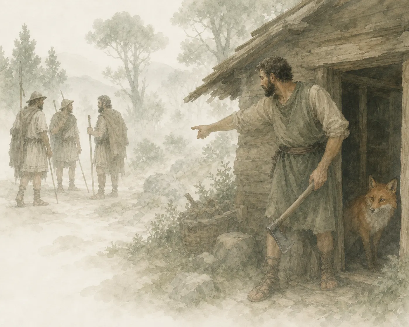 Illustration for Aesop’s fable “The Fox and the Woodcutter”