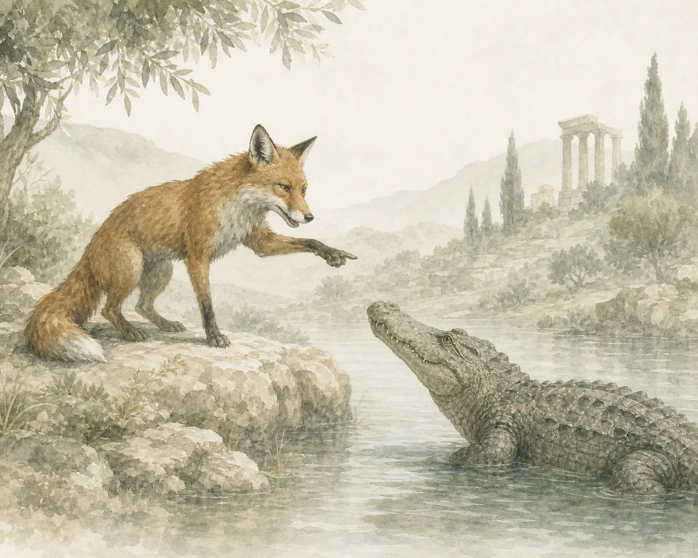 Illustration for Aesop’s fable “The Fox and the Crocodile”