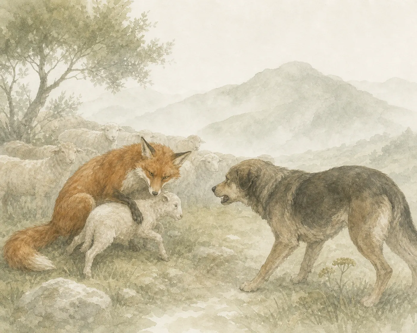 Illustration for Aesop’s fable “The Fox and the Dog”