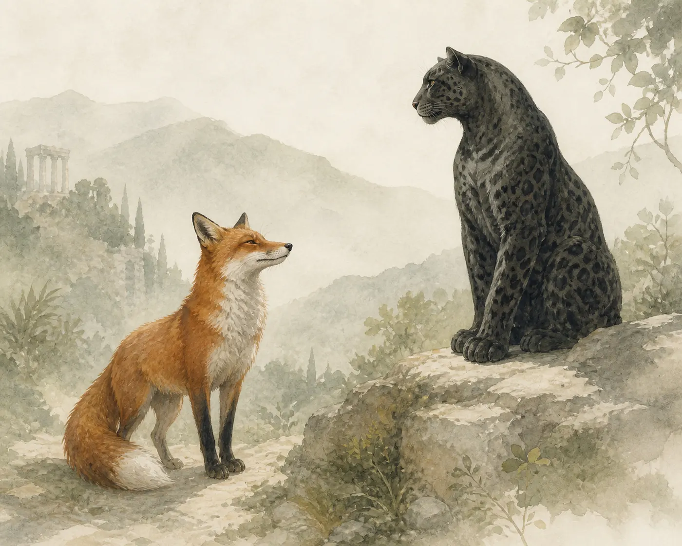 Illustration for Aesop’s fable “The Fox and the Panther”