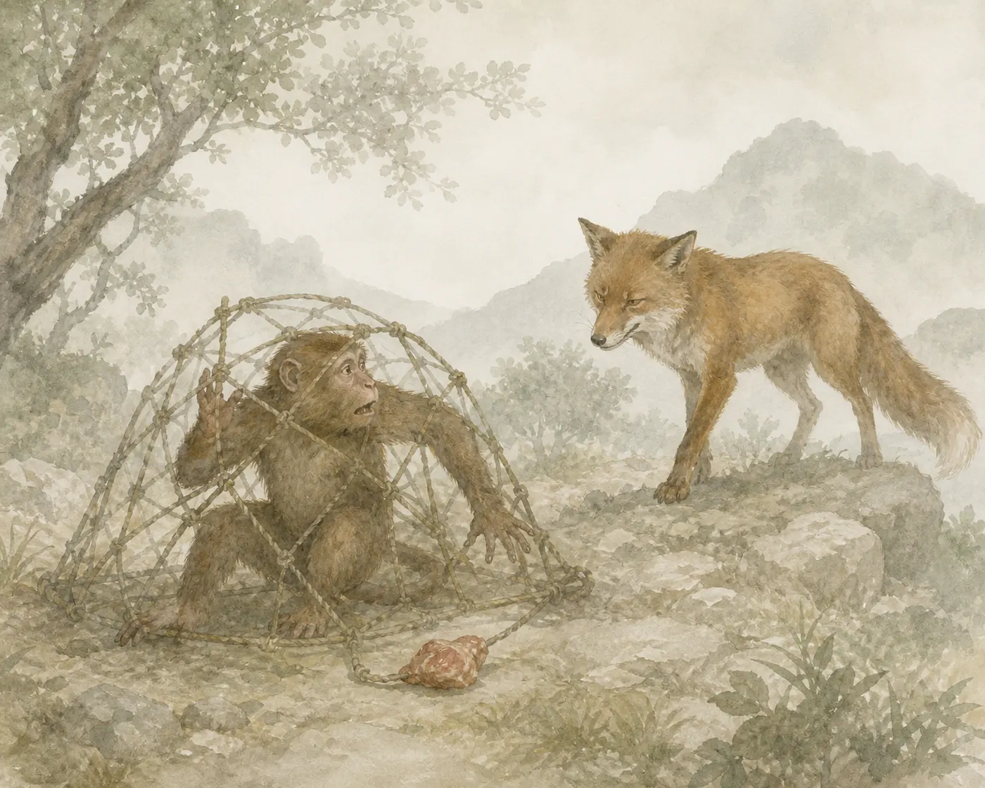 Illustration for Aesop’s fable “The Fox and the Monkey Elected King”