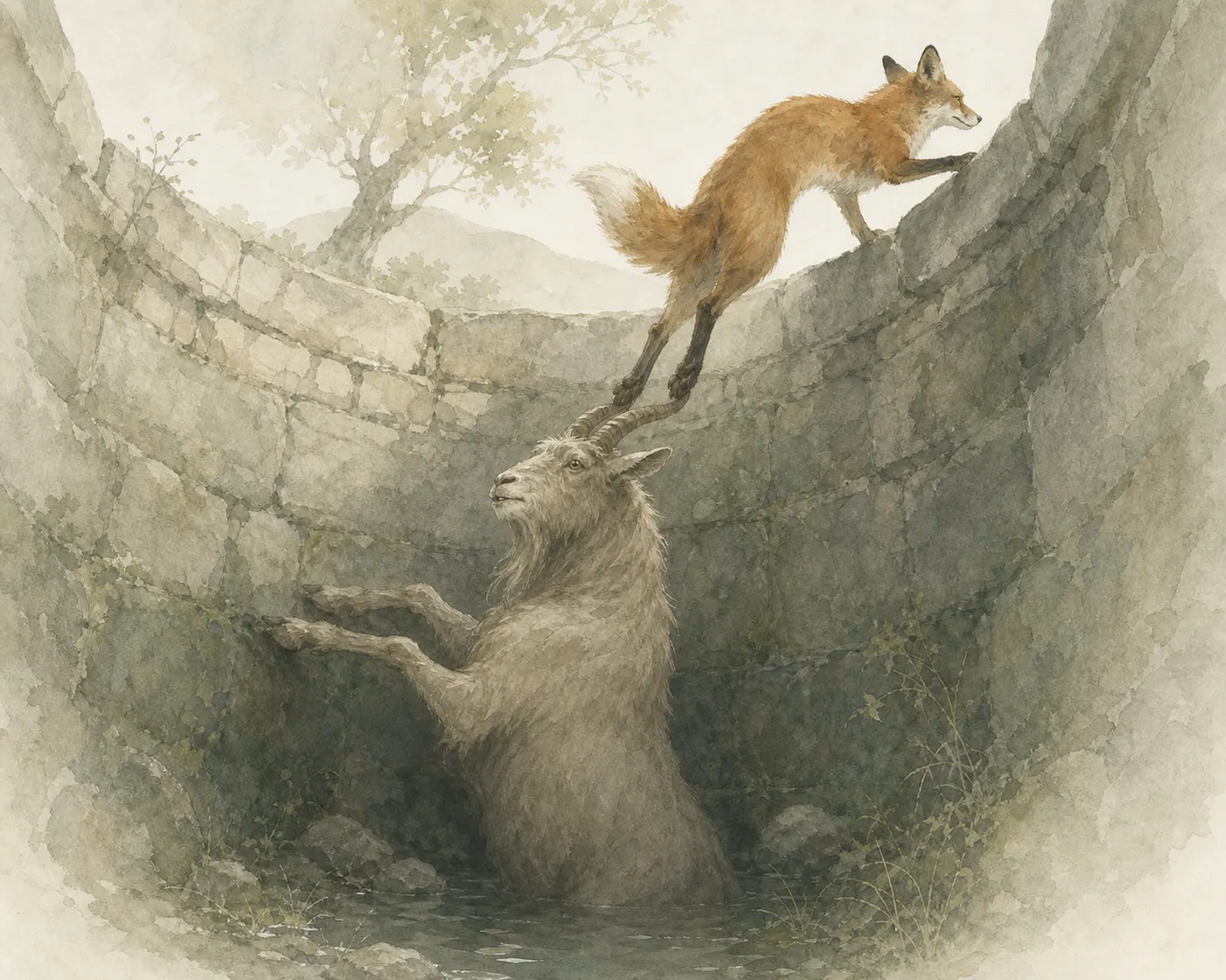 Illustration for Aesop’s fable “The Fox and the Goat”