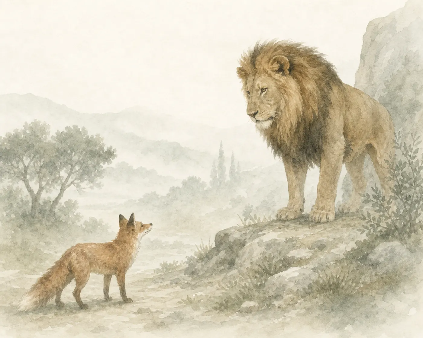 Illustration for Aesop’s fable “The Fox Who Had Never Seen a Lion”