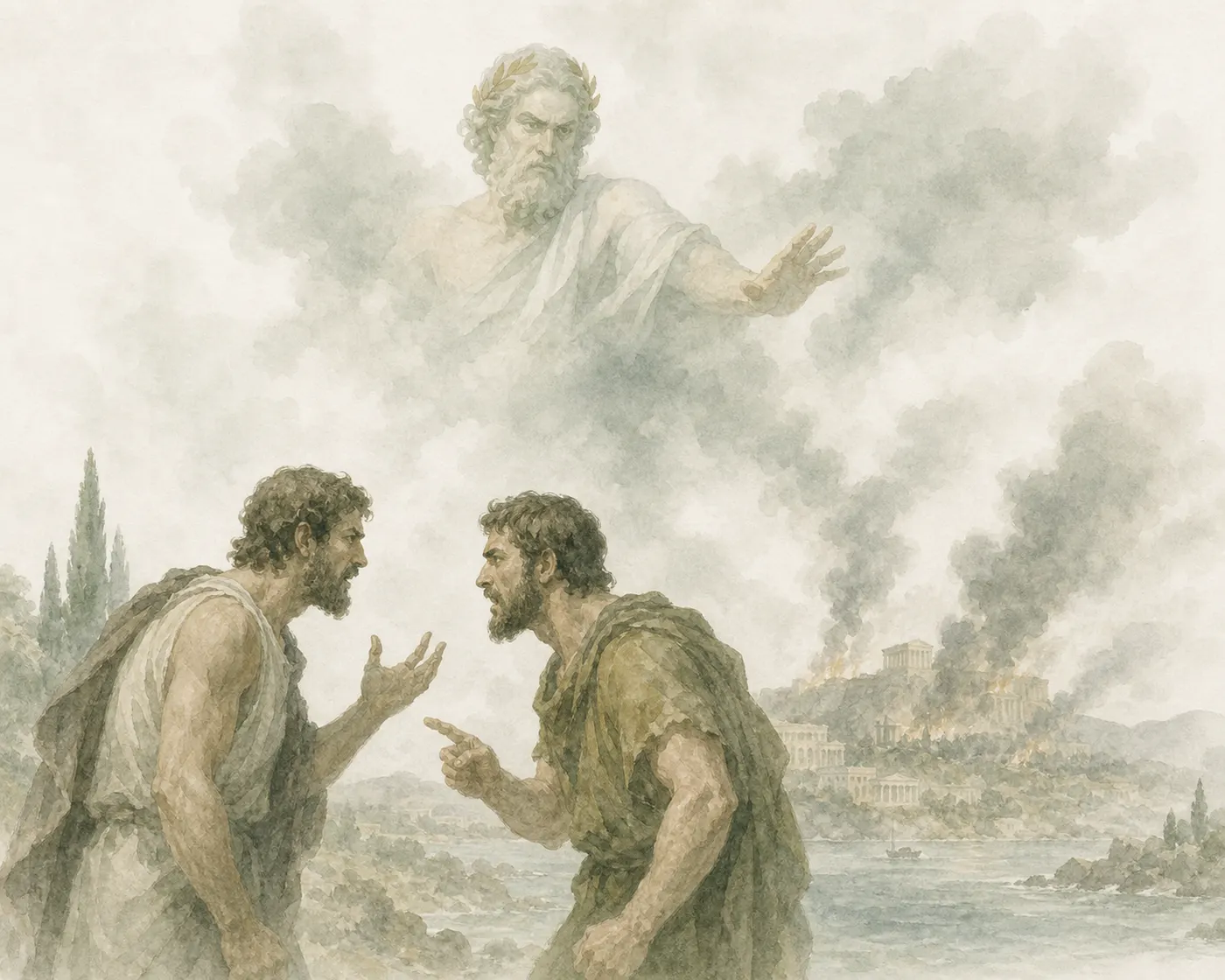 Illustration for Aesop’s fable “The Two Men Who Quarrelled About the Gods”