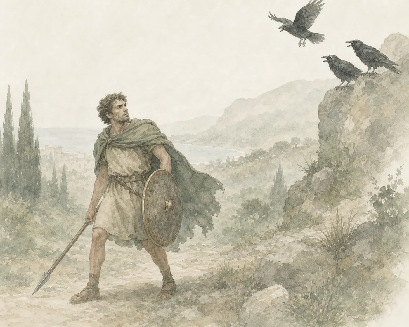 Illustration for Aesop’s fable “The Coward and the Crows”