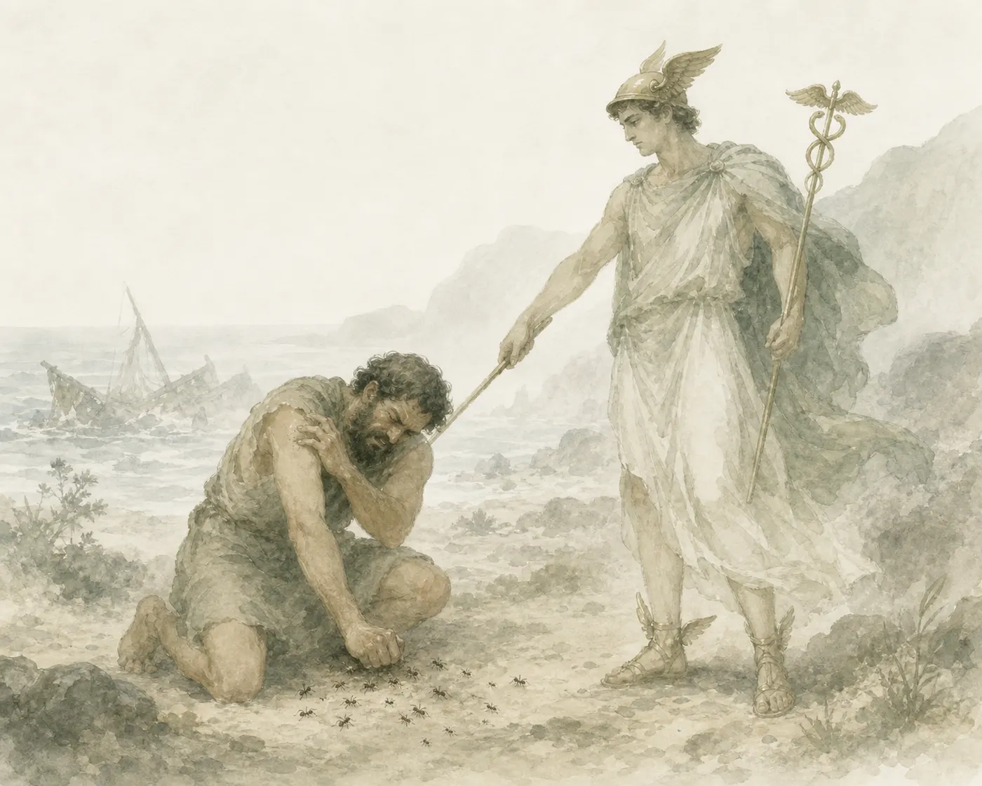 Illustration for Aesop’s fable “The Man Bitten by an Ant and Hermes”