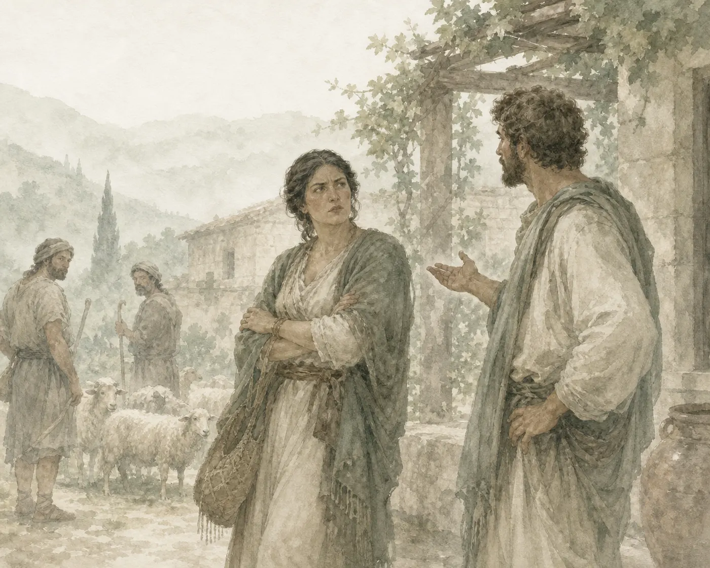 Illustration for Aesop’s fable “The Husband and the Ill-Tempered Wife”