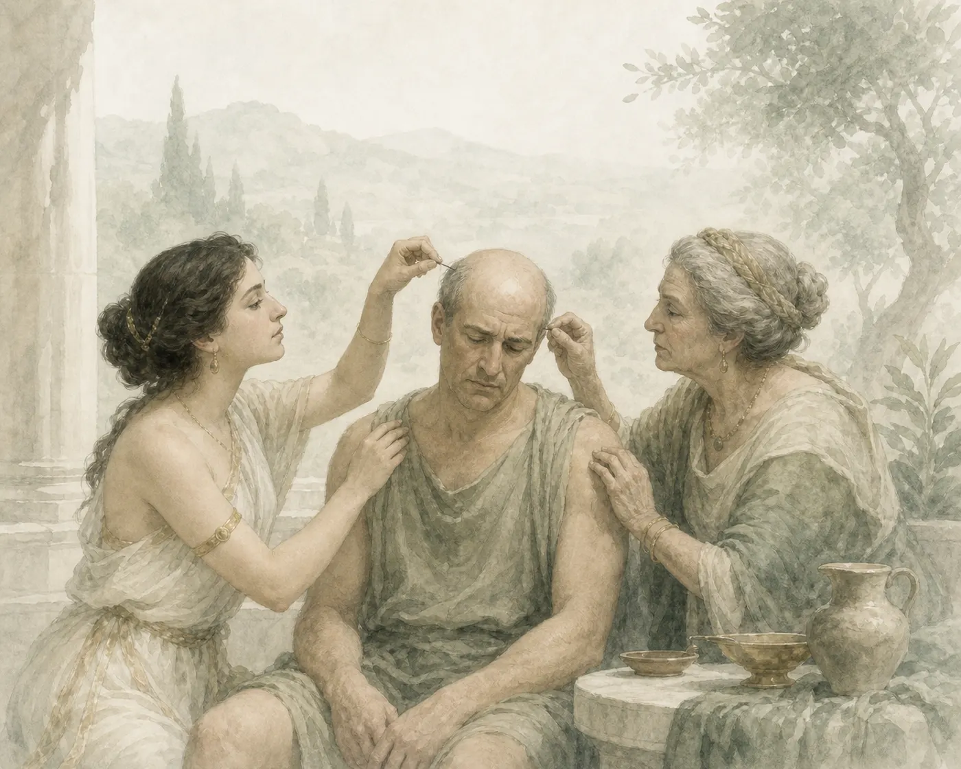 Illustration for Aesop’s fable “The Middle-Aged Man and His Two Mistresses”