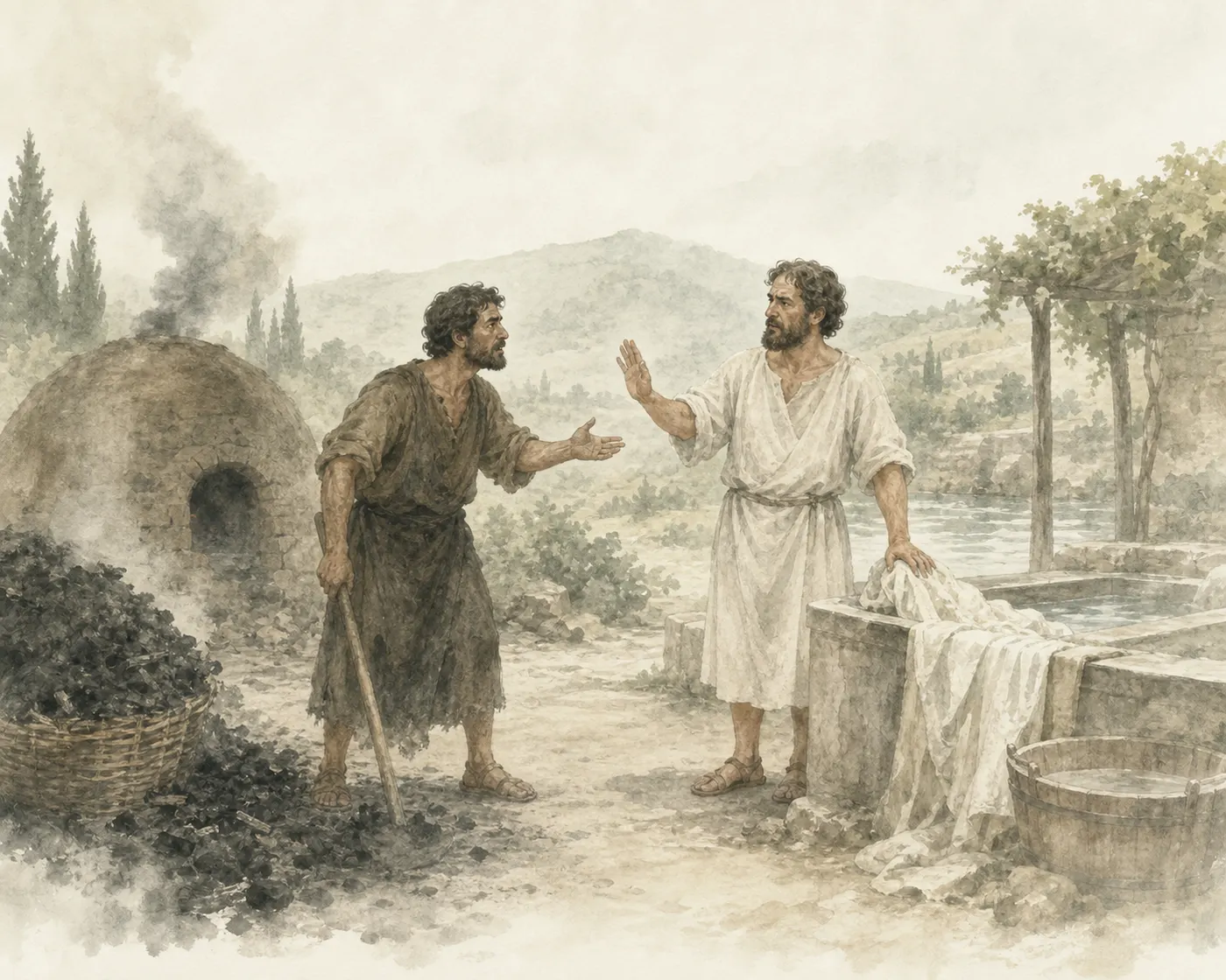 Illustration for Aesop’s fable “The Charcoal-Burner and the Fuller”