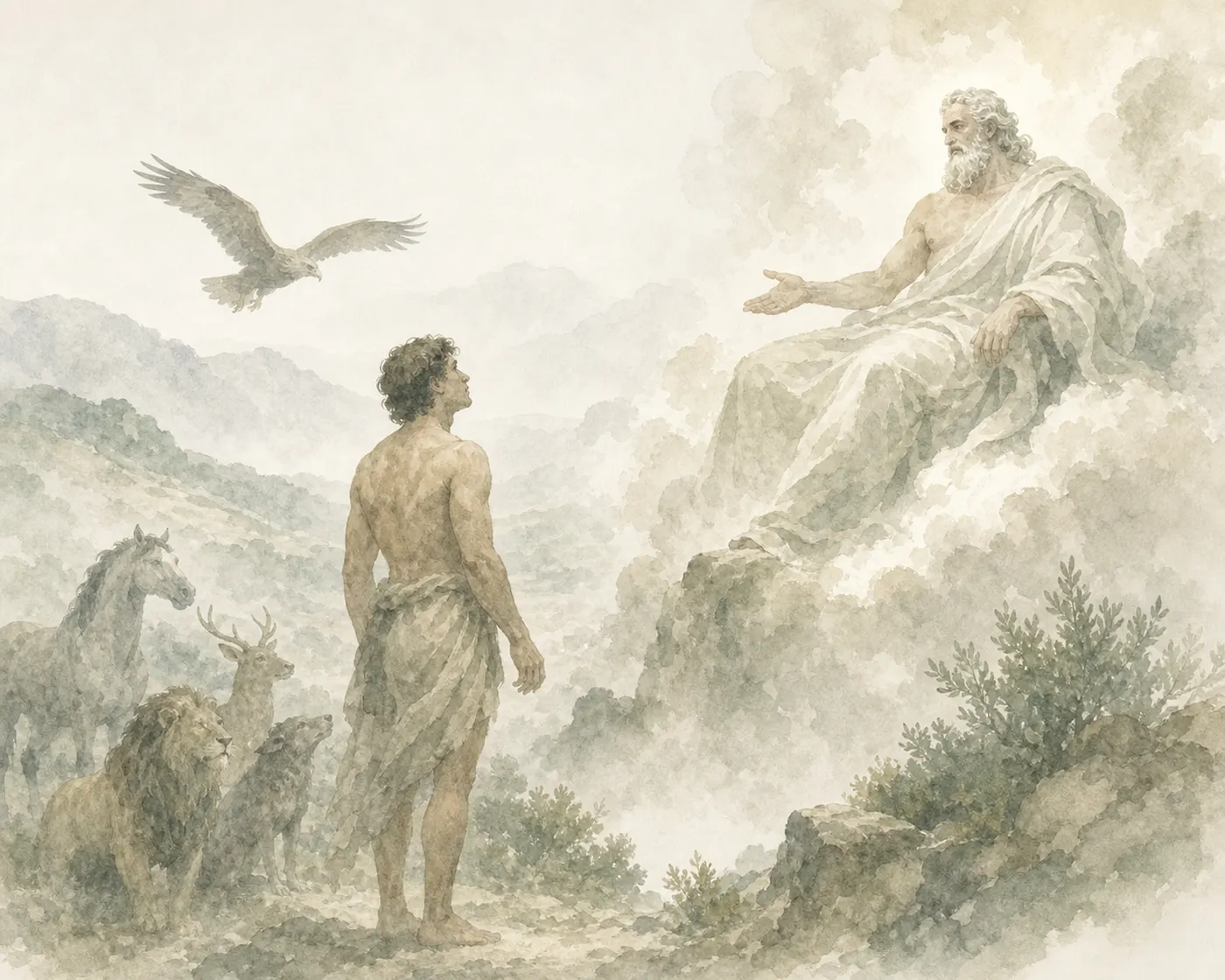 Illustration for Aesop’s fable “Men and Zeus”