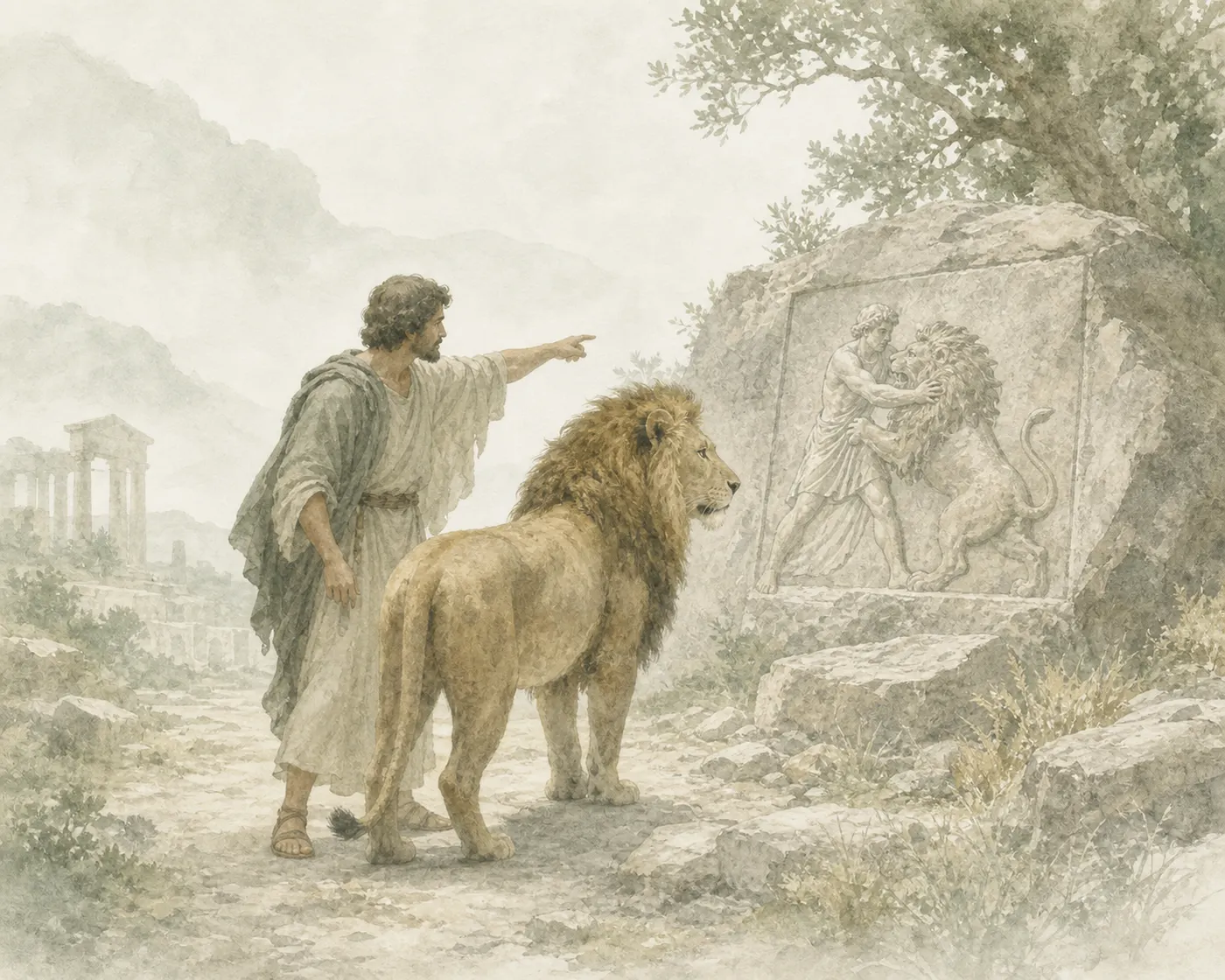 Illustration for Aesop’s fable “The Man and the Lion Travelling Together”