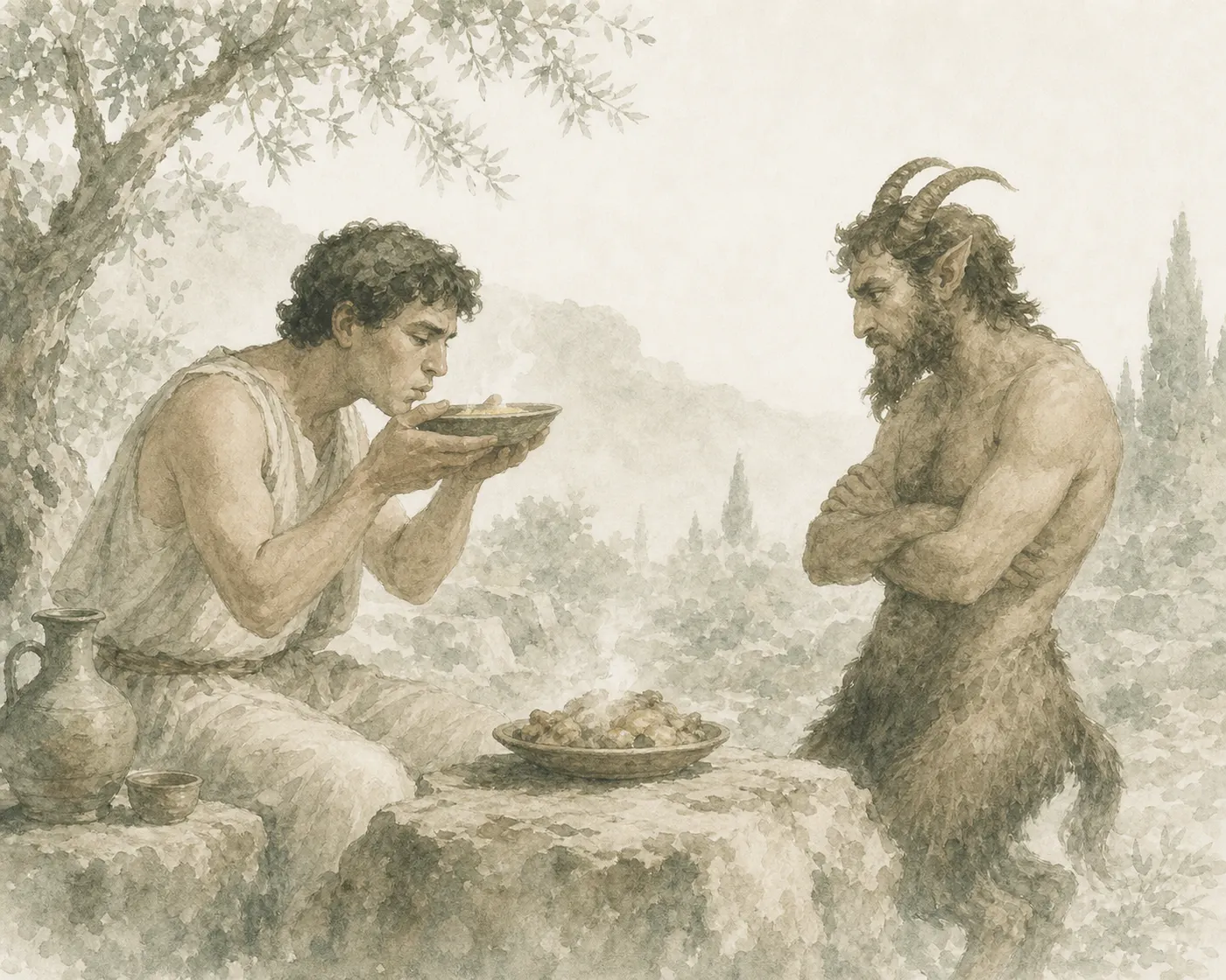 Illustration for Aesop’s fable “The Man and the Satyr”