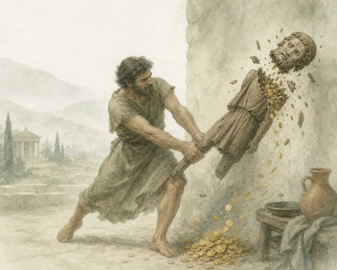 Illustration for Aesop’s fable “The Man Who Broke a Statue”