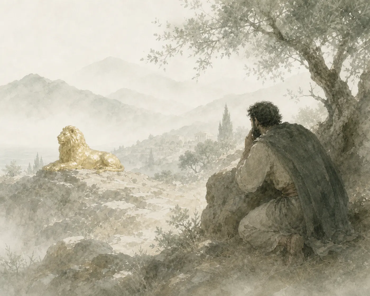 Illustration for Aesop’s fable “The Man Who Found a Golden Lion”