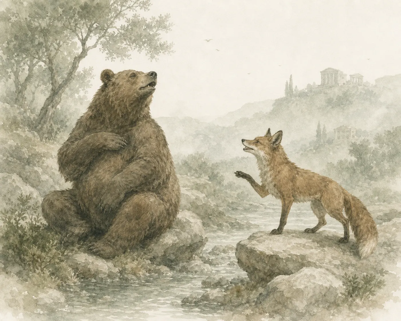 Illustration for Aesop’s fable “The Bear and the Fox”