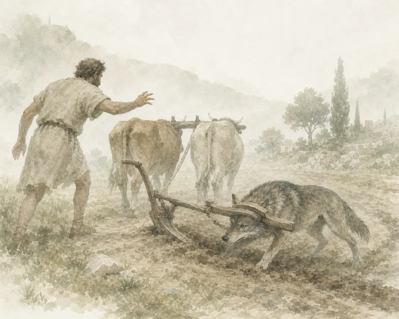 Illustration for Aesop’s fable “The Ploughman and the Wolf”
