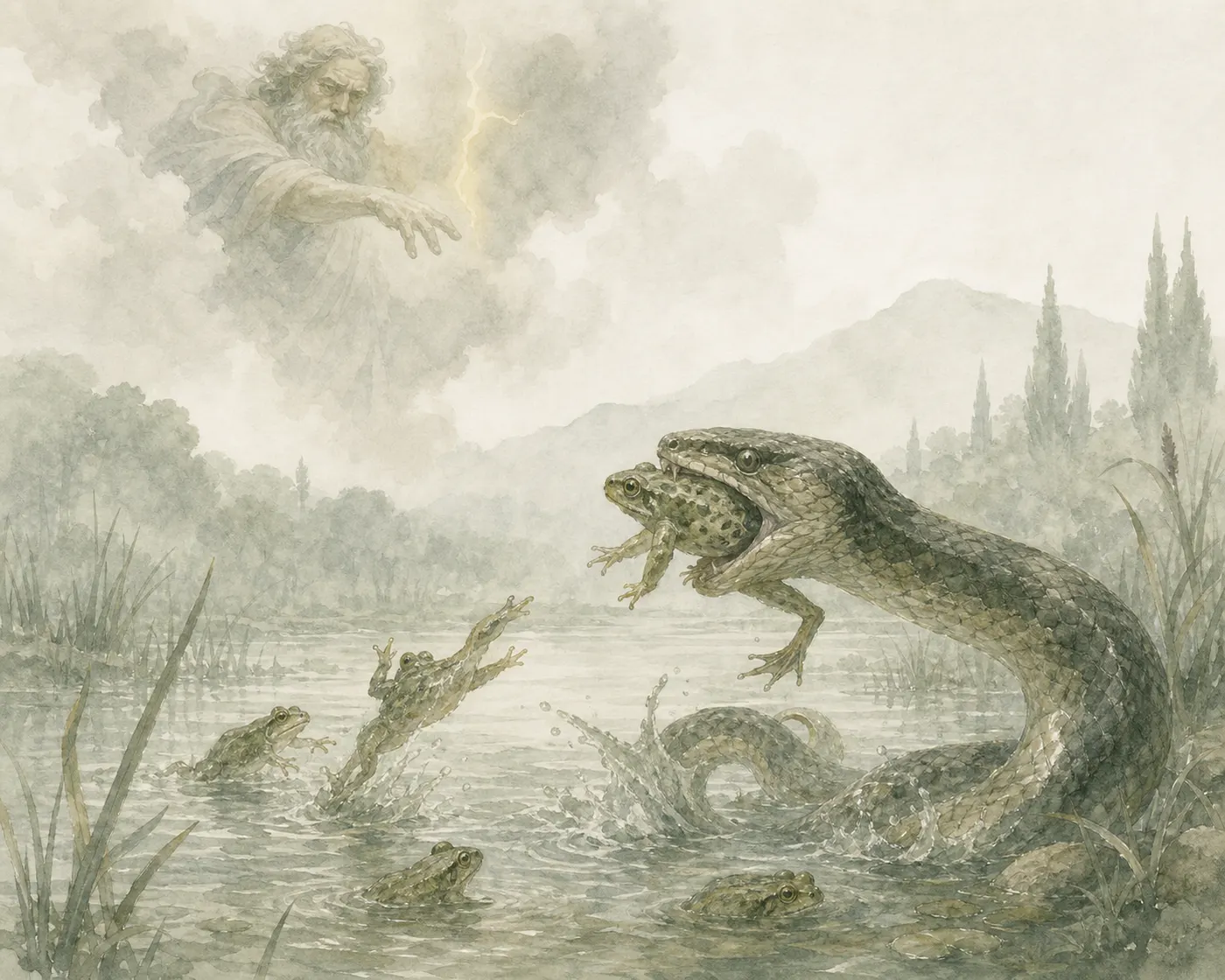 Illustration for Aesop’s fable “The Frogs Who Asked for a King”