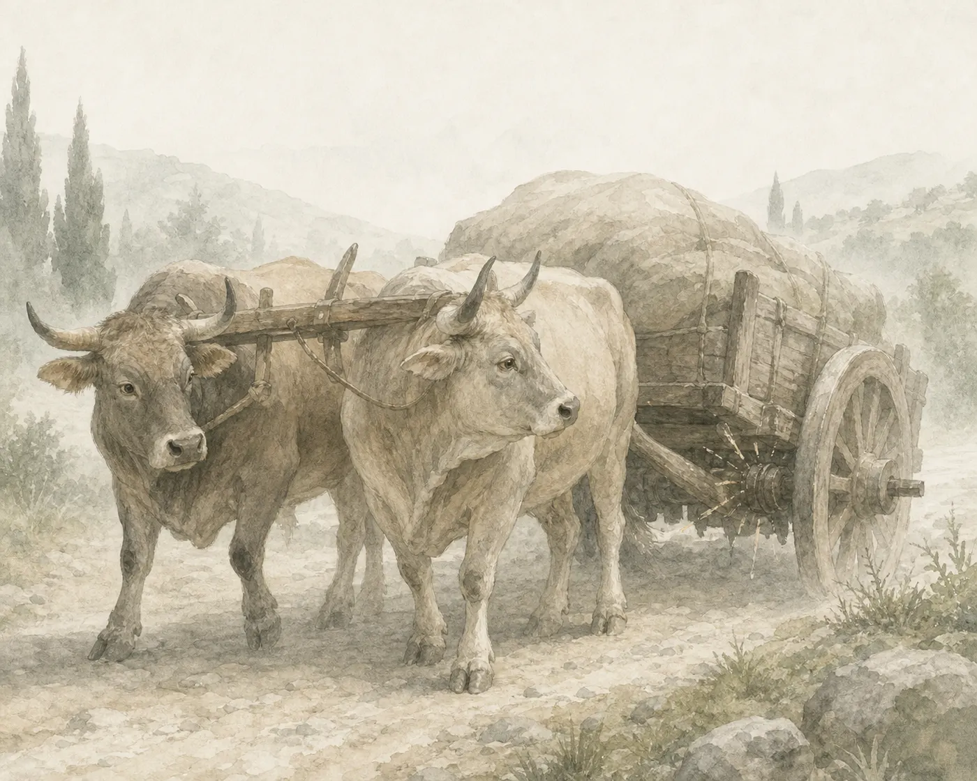 Illustration for Aesop’s fable “The Oxen and the Axle”