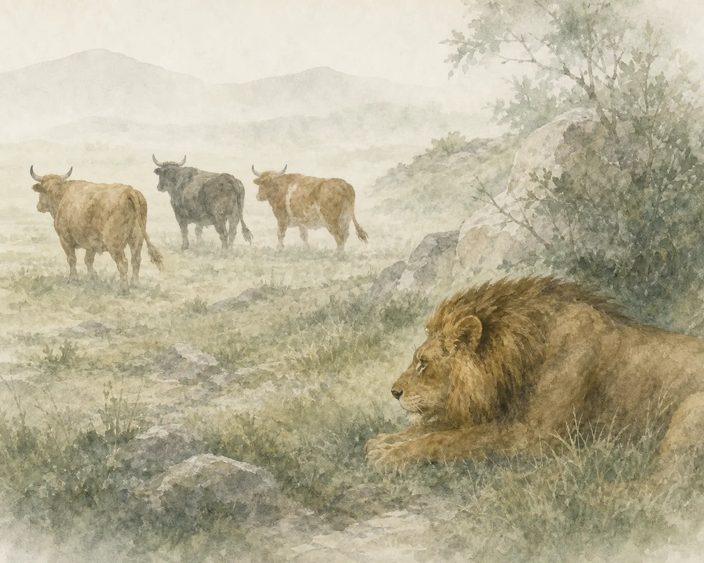 Illustration for Aesop’s fable “The Three Oxen and the Lion”