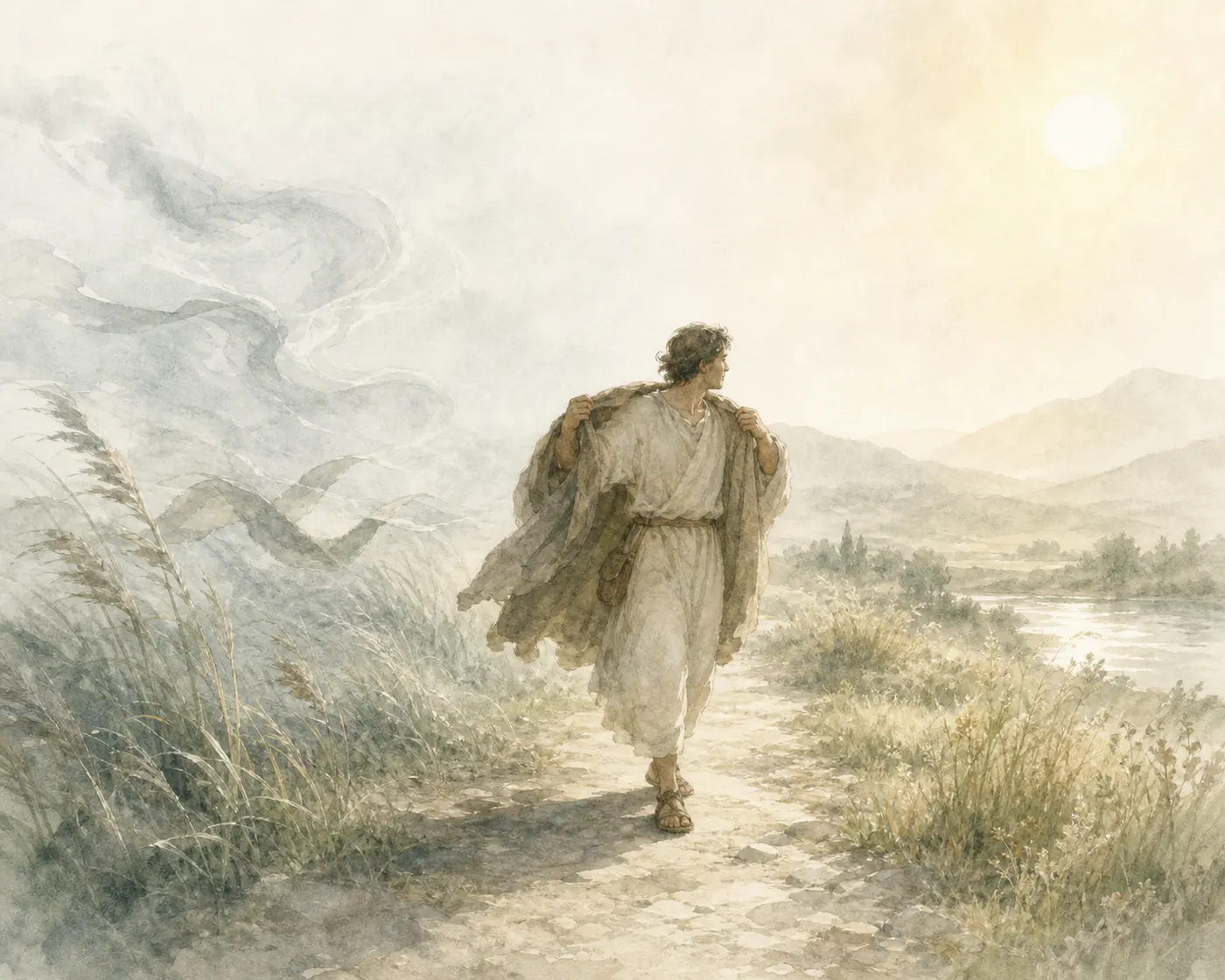 A traveller seen from behind pulls his cloak tight along a path, between gusts of wind on the left and the low sun on the right