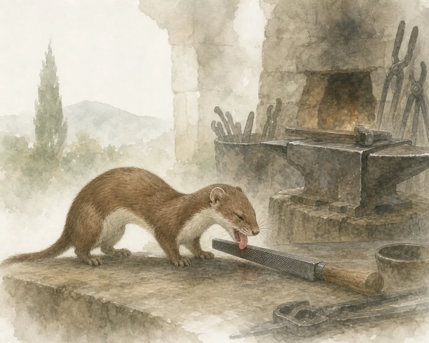 Illustration for Aesop’s fable “The Weasel and the File”