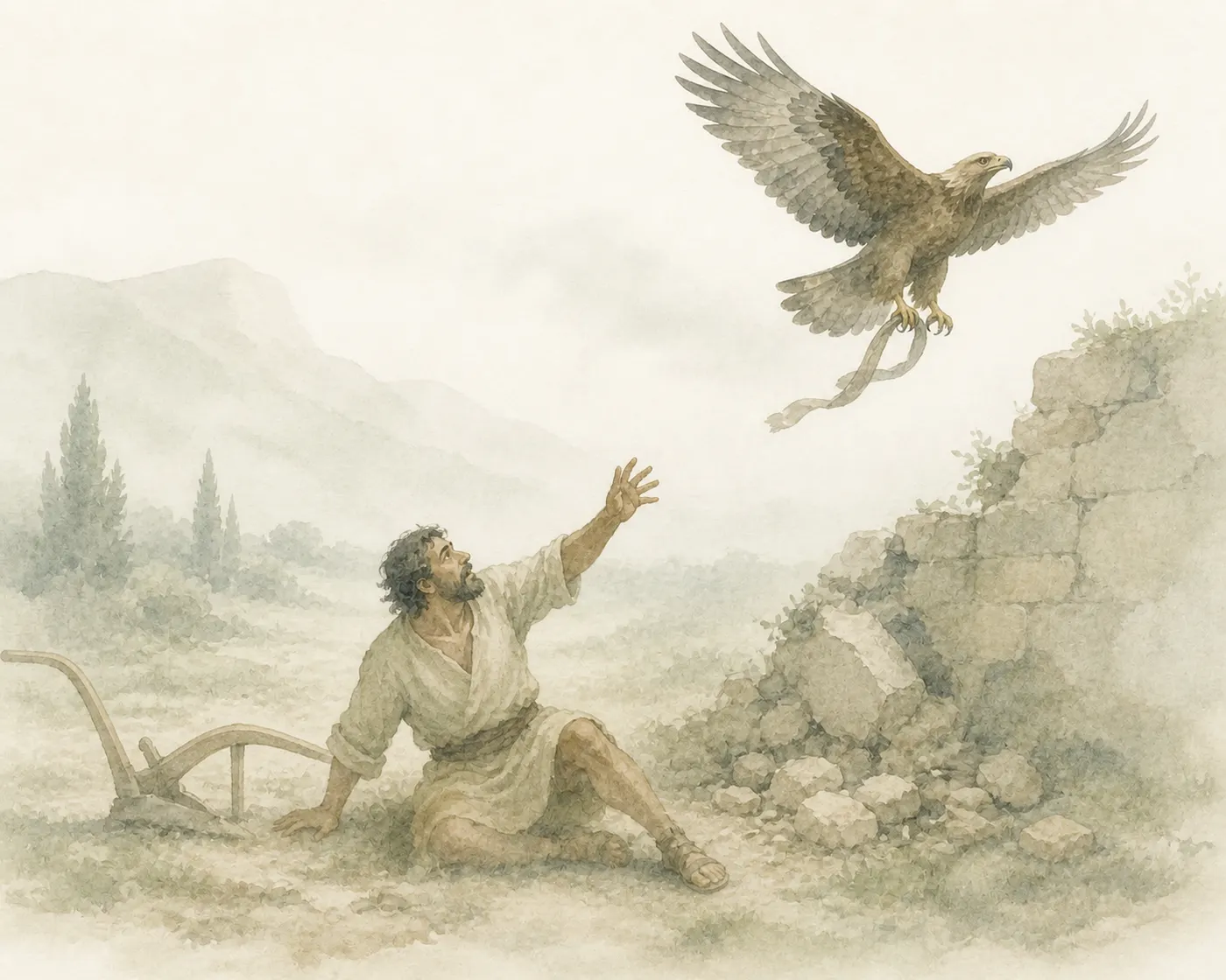 Illustration for Aesop’s fable “The Ploughman and the Eagle”