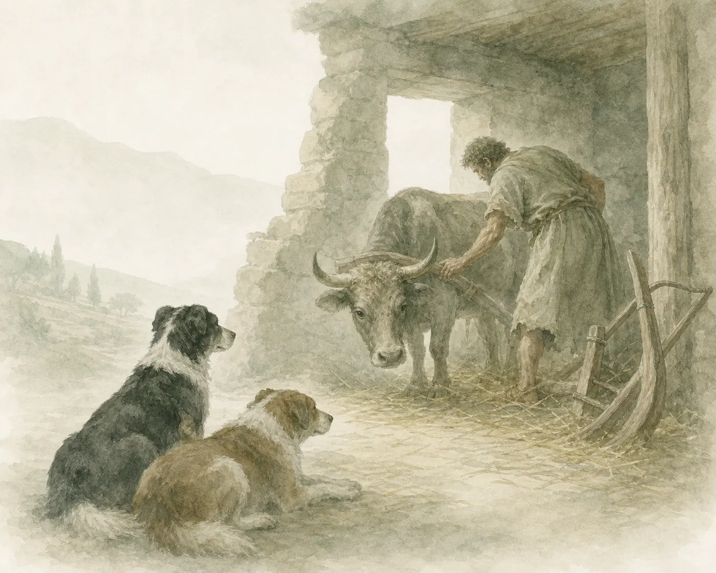 Illustration for Aesop’s fable “The Ploughman and the Dogs”