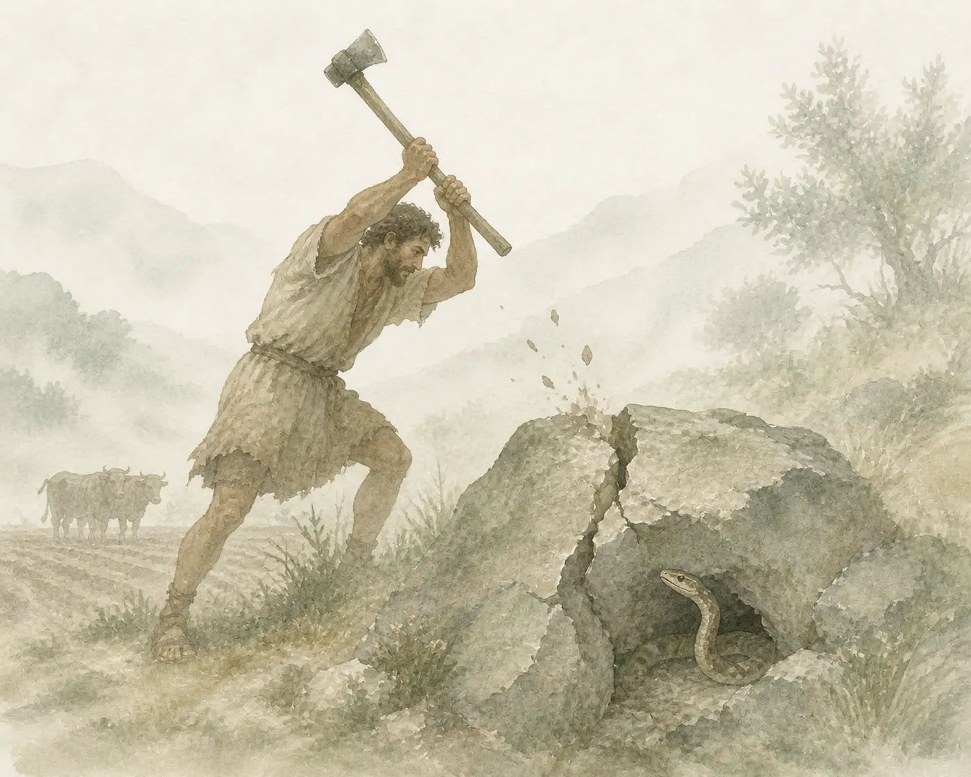 Illustration for Aesop’s fable “The Ploughman and the Serpent That Killed His Son”