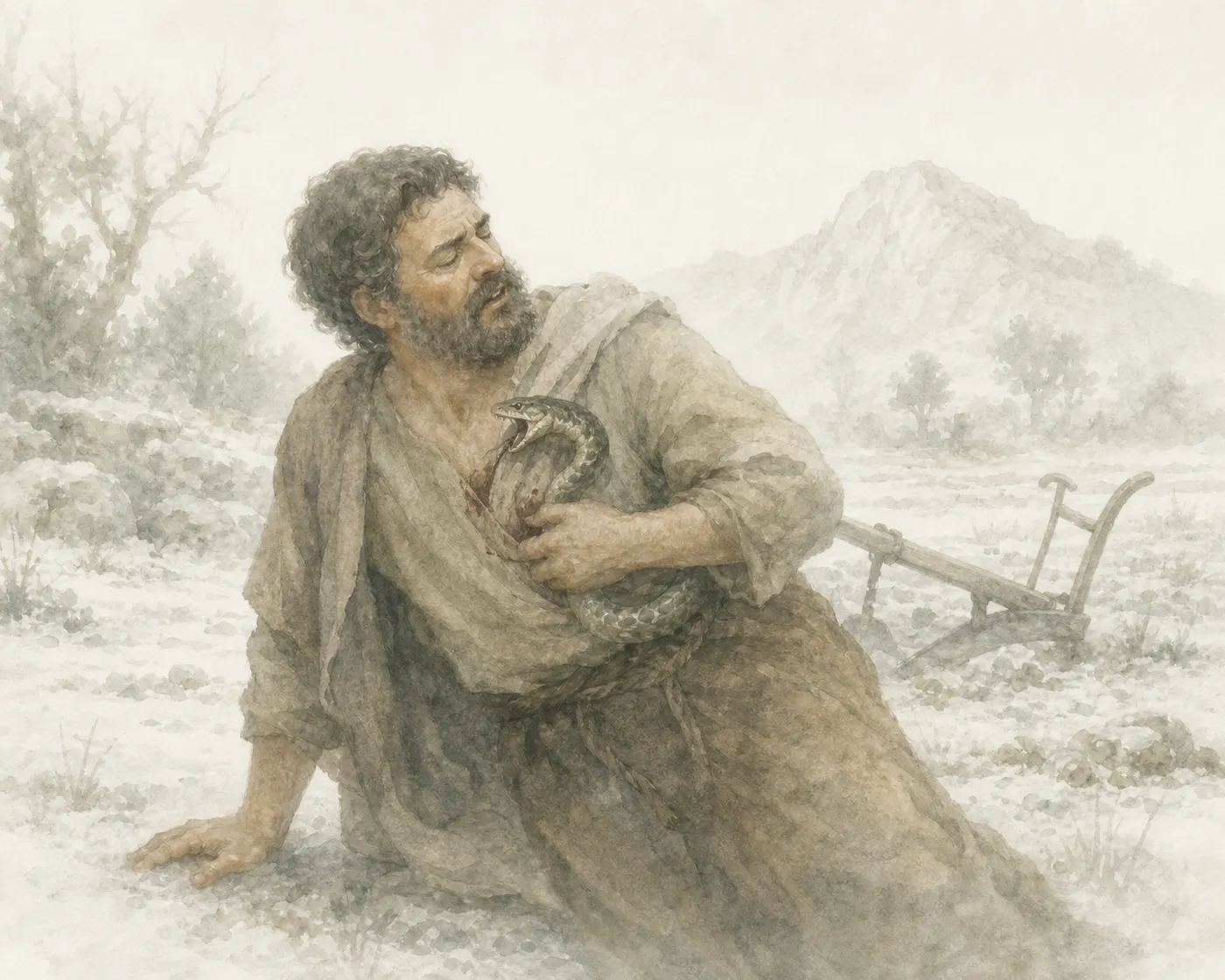 Illustration for Aesop’s fable “The Ploughman and the Frozen Serpent”