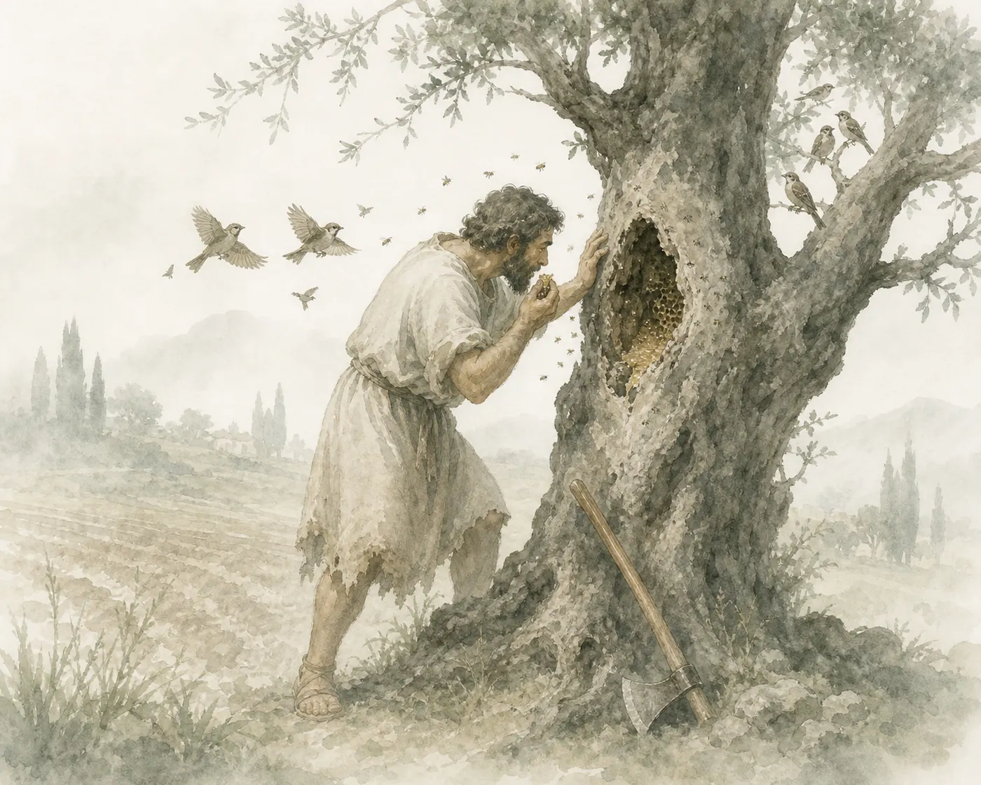 Illustration for Aesop’s fable “The Ploughman and the Tree”