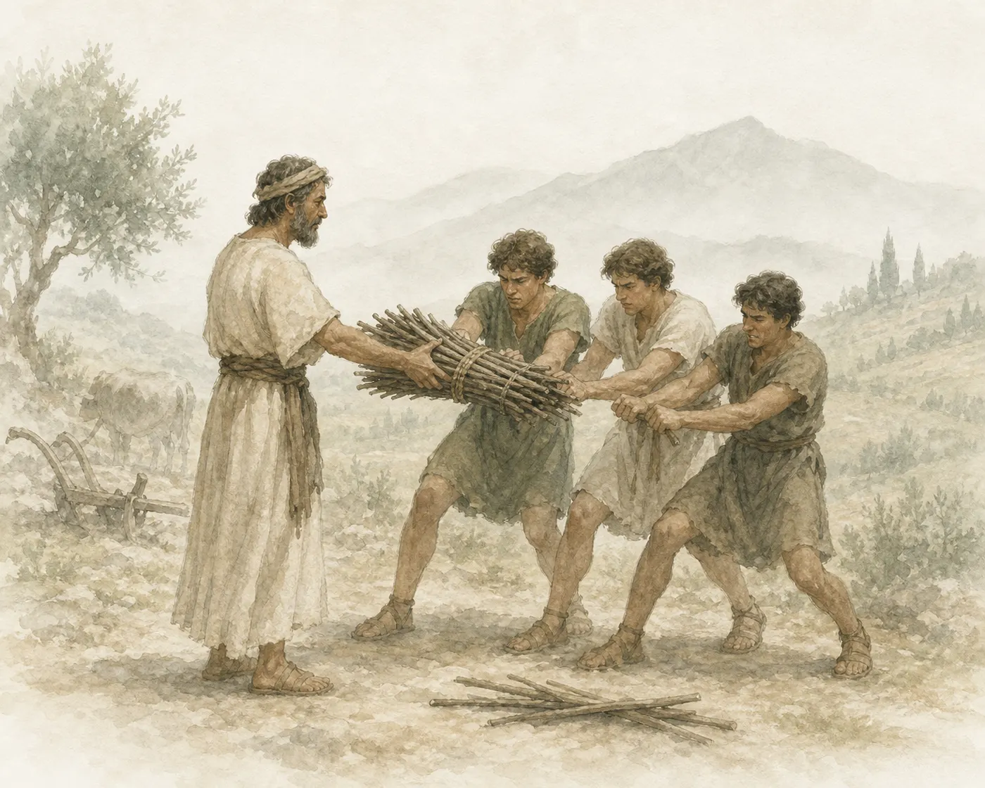 Illustration for Aesop’s fable “The Ploughman's Quarrelling Sons”