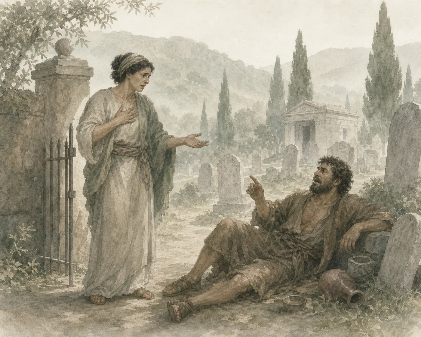 Illustration for Aesop’s fable “The Woman and the Drunkard”