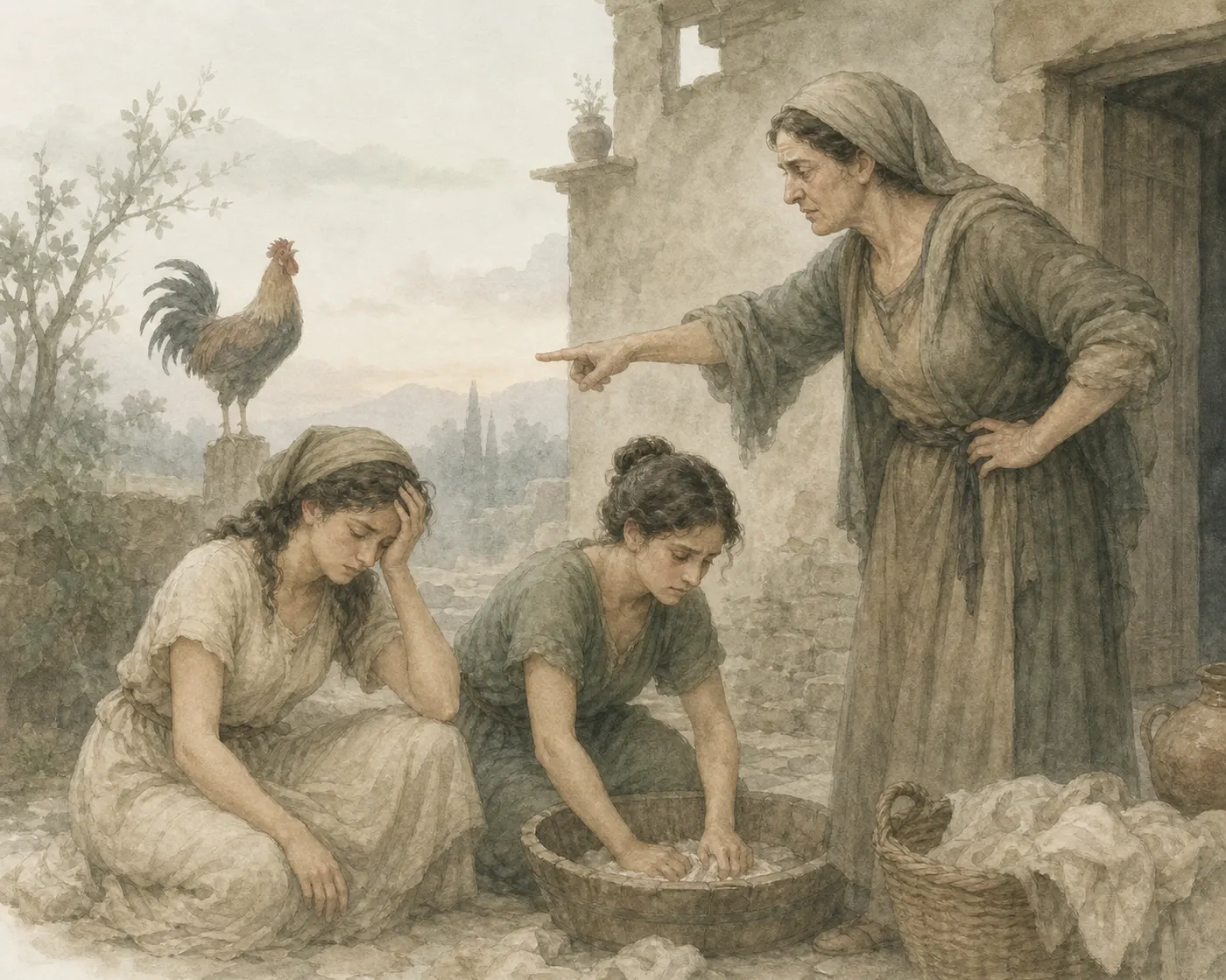 Illustration for Aesop’s fable “The Woman and Her Servants”